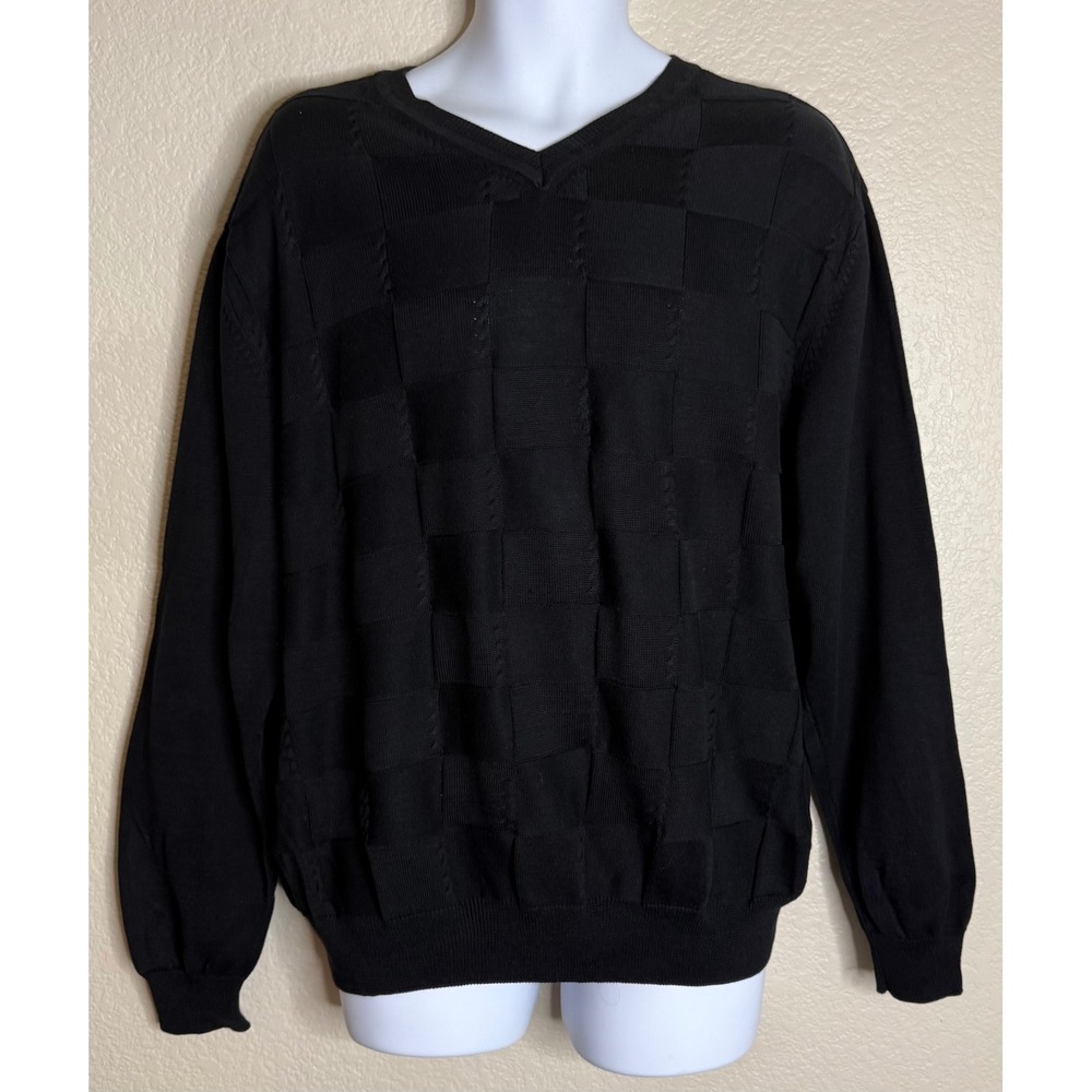 Cypress Links 46 V Neck Sweater Black Textured Checkerboard Mercerized Cotton